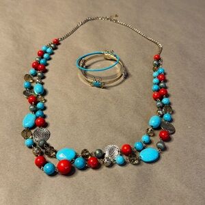 Turquoise and Red Beaded Necklace and Bracelet Set